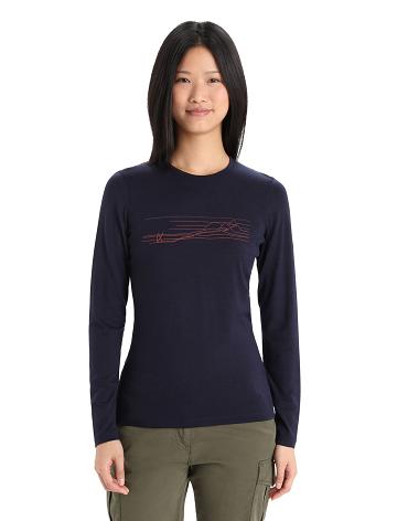 Dámské Base Layers Icebreaker Merino 200 Oasis Long Sleeve Crewe Ski Stripes Tmavě Blankyt | CZ 1118HAPK